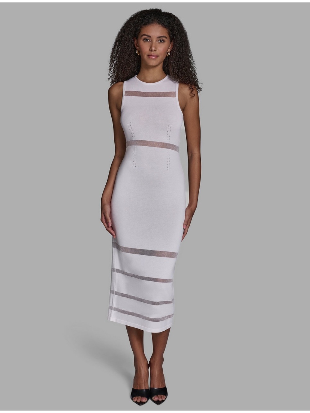 BCBG White Midi Dress with Sheer Stripe Panels